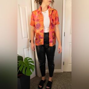 Miss Dorby Sheer Pink and Orange Flower over short sleeve buttoned shirt